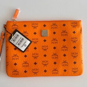 MCM Visetos  Bright Orange Logo Clutch wristlet 100% Authentic